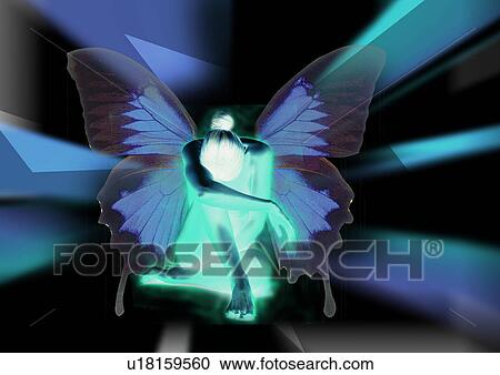 Clipart - Woman with butterfly wings superimposed on a blue background. Fotosearch