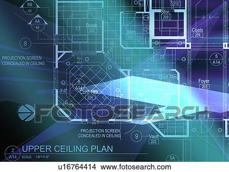 Stock Illustration - Blueprint superimposed on a colored background. Fotosearch