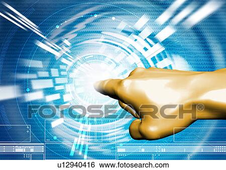 Stock Illustration - Human hand pointing superimposed on a blue background. Fotosearch