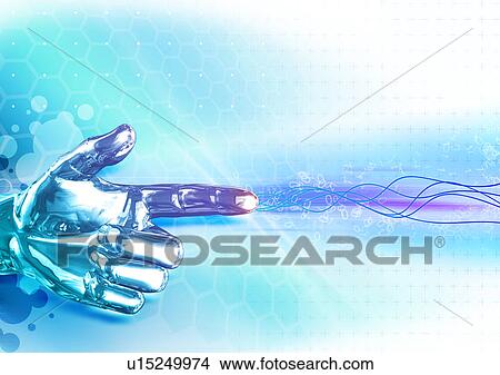 Stock Illustration - Light streaks emitting from a metallic human hand. Fotosearch