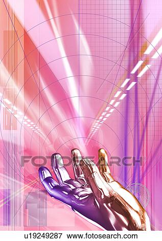 Stock Illustration - Metallic human hand superimposed on a grid pattern. Fotosearch