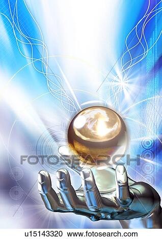 Sphere on a metallic human hand superimposed on a blue background View Large Illustration Clipart - Sphere on a metallic human hand superimposed on a blue background. Fotosearch