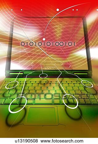 Laptop superimposed on a multi colored background View Large Illustration Stock Illustration - Laptop superimposed on a multi colored background. Fotosearch