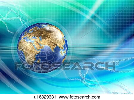 Clip Art - Earth superimposed on a blue dotted background. Fotosearch