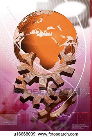 Gear wheels around a globe superimposed on a glowing background View Large Illustration Stock Illustration - Gear wheels around a globe superimposed on a glowing background. Fotosearch