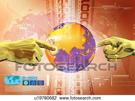 Human hands pointing at a globe superimposed on an orange background View Large Illustration Drawing - Human hands pointing at a globe superimposed on an orange background. Fotosearch