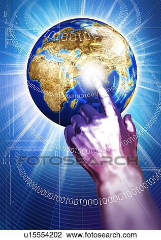 Metallic hand on a globe superimposed on a glowing background View Large Illustration Drawing - Metallic hand on a globe superimposed on a glowing background. Fotosearch