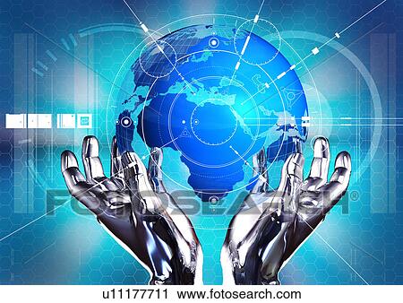 Metallic human hands superimposed on a map of the world View Large Illustration Clip Art - Metallic human hands superimposed on a map of the world. Fotosearch