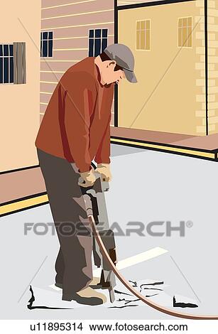 Stock Illustration - A workman using pneumatic drill to cut up tarmac covered concrete road . Fotosearch