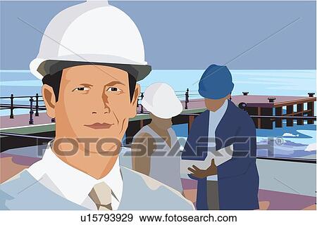 Stock Illustration - Architects at coast with pier and horizon in the background. Fotosearch