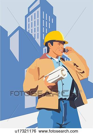 Construction worker talking on a mobile phone View Large Illustration Stock Illustration - Construction worker talking on a mobile phone. Fotosearch
