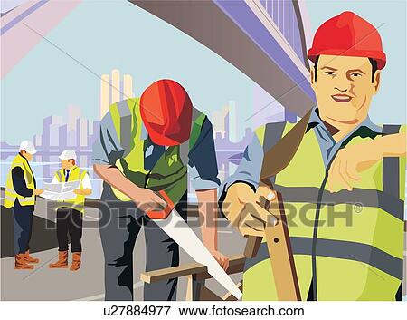 Construction workers at work on a construction site View Large Illustration Stock Illustration - Construction workers at work on a construction site. Fotosearch