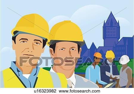 Drawing - Construction workers with architectural buildings in background. Fotosearch