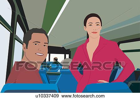 Stock Illustration - Couple facing camera while traveling in bus. Fotosearch