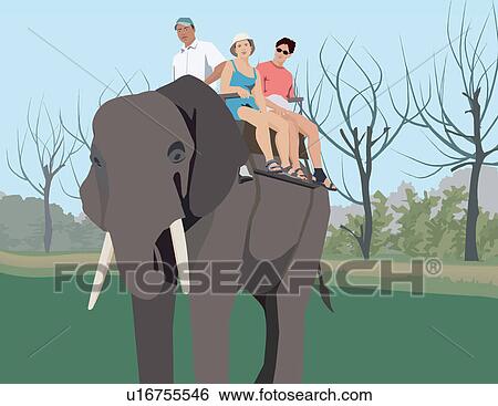 Stock Illustration - Couple riding on elephant. Fotosearch