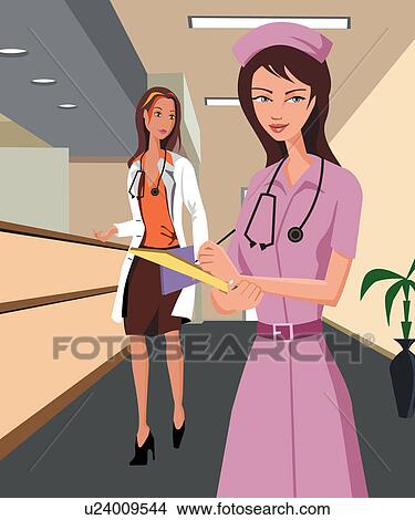 Stock Illustration - Doctor and a nurse walking along a hospital corridor. Fotosearch