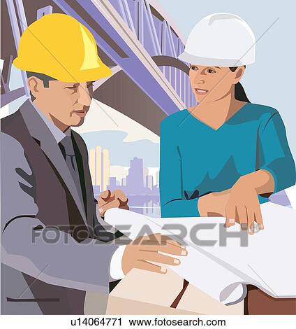 Clip Art - Engineers with blueprint. Fotosearch