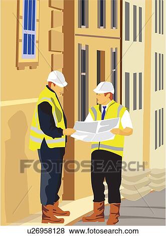 Engineers with blueprint View Large Illustration Stock Illustration - Engineers with blueprint. Fotosearch