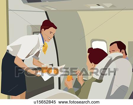 Flight attendant serving drinks to passengers in aeroplane View Large Illustration Stock Illustration - Flight attendant serving drinks to passengers in aeroplane. Fotosearch
