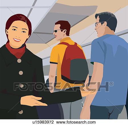Drawing - Flight attendant welcoming and pointing the way to travelers. Fotosearch