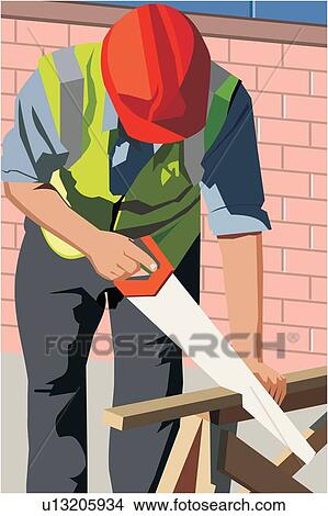 Front view of a construction worker cutting wood View Large Illustration Stock Illustration - Front view of a construction worker cutting wood. Fotosearch