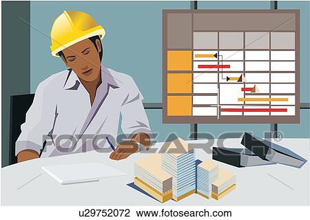 Drawing - Front view of an architect working in office. Fotosearch