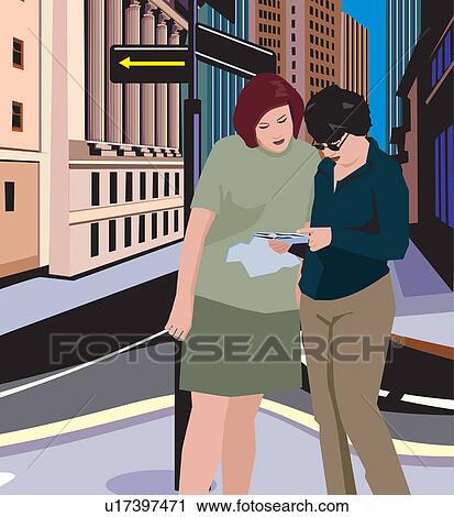 Clip Art - Front view of women reading map and buildings in background. Fotosearch