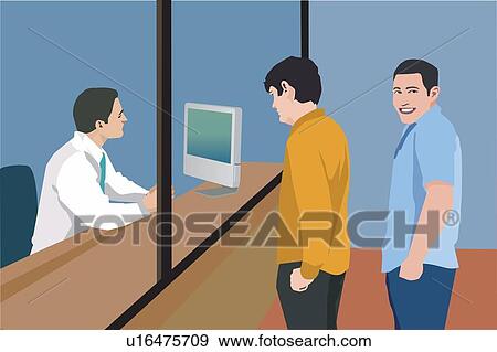 Stock Illustration - Men standing in queue at bank. Fotosearch