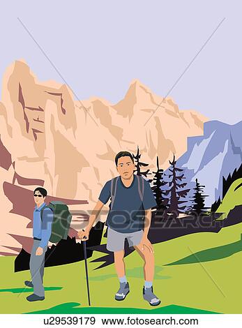 Stock Illustration - Mountaineers facing camera and mountains in background. Fotosearch