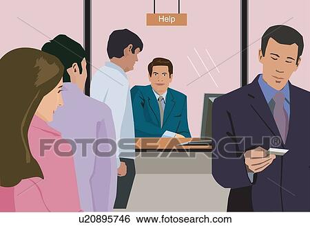 Stock Illustration - People standing at help counter in bank. Fotosearch