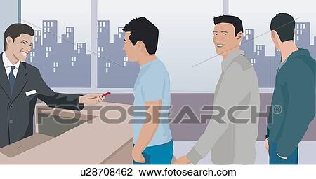 People taking token at bank View Large Illustration Drawing - People taking token at bank. Fotosearch