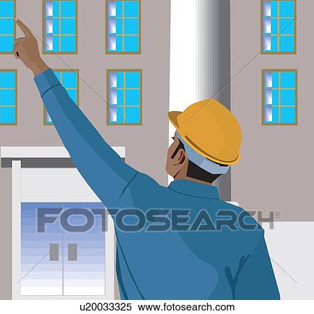 Rear view of an architect pointing upward View Large Illustration Stock Illustration - Rear view of an architect pointing upward. Fotosearch