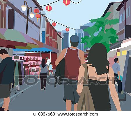 Clipart - Rear view of people walking in the street. Fotosearch