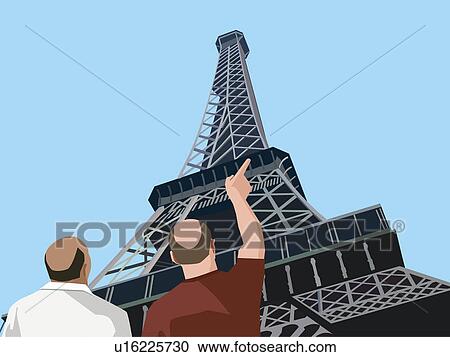 Clipart - Rear view of tourists pointing towards eiffel tower. Fotosearch