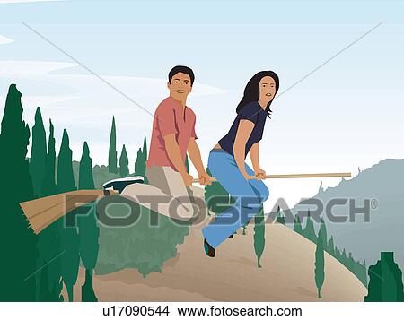 Stock Illustration - Side view of couple flying on magic broom . Fotosearch