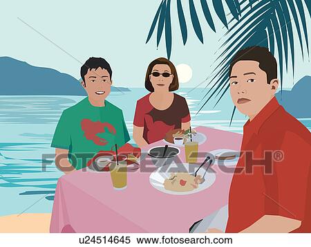 Stock Illustration - Tourists having breakfast by beach. Fotosearch