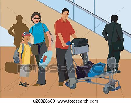 Stock Illustration - Tourists standing with luggage by escalator. Fotosearch