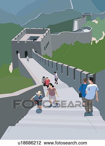 Drawing - Tourists walking along the Great Wall of China, Badaling China. Fotosearch