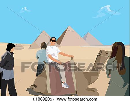 Stock Illustration - Tourists with camel in desert and Giza Pyramid in background, Cairo Egypt. Fotosearch