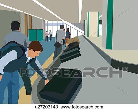 Drawing - Travelers collecting their luggage from luggage carousel. Fotosearch