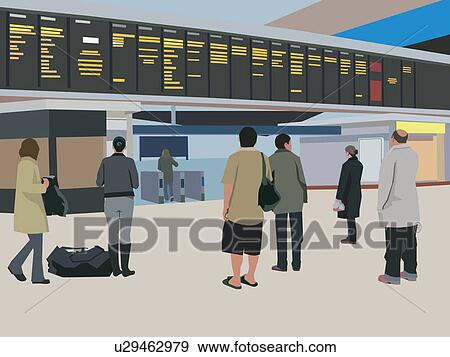 Travelers looking at flight schedule board View Large Illustration Stock Illustration - Travelers looking at flight schedule board. Fotosearch