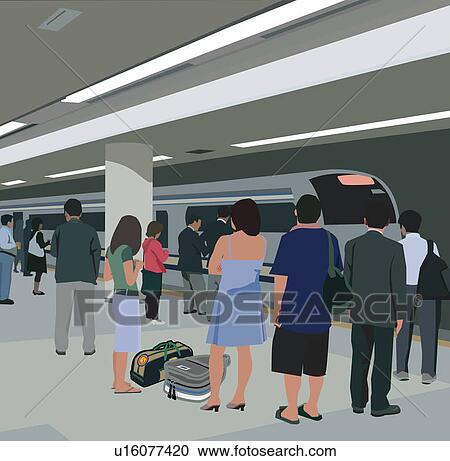 Clipart - Travelers standing at metro station. Fotosearch