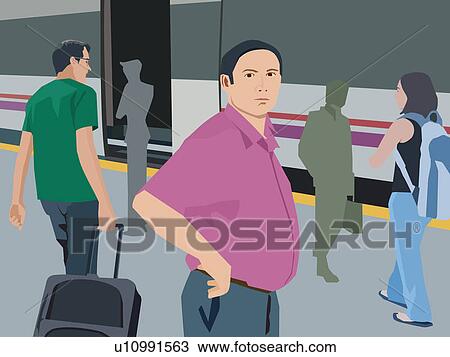 Travelers waiting at metro station View Large Illustration Drawing - Travelers waiting at metro station. Fotosearch