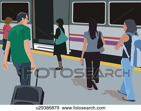 Stock Illustration - Travelers walking at metro station. Fotosearch