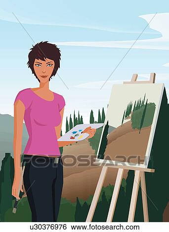 Woman holding paintbrush and palette View Large Illustration Stock Illustration - Woman holding paintbrush and palette. Fotosearch