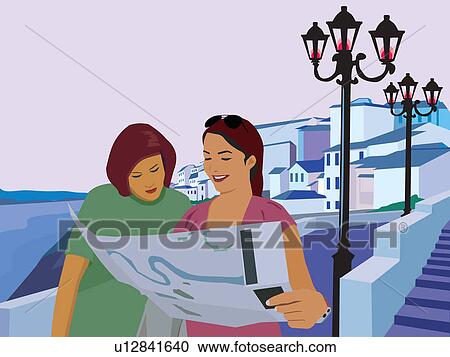 Clipart - Women reading map and resort in the background. Fotosearch