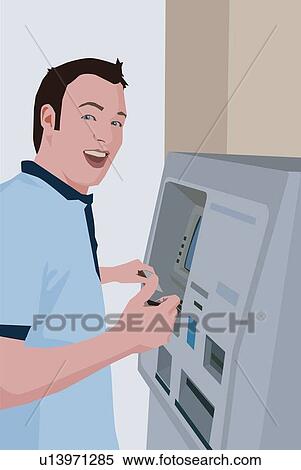 Stock Illustration - Young man using an ATM machine. Fotosearch