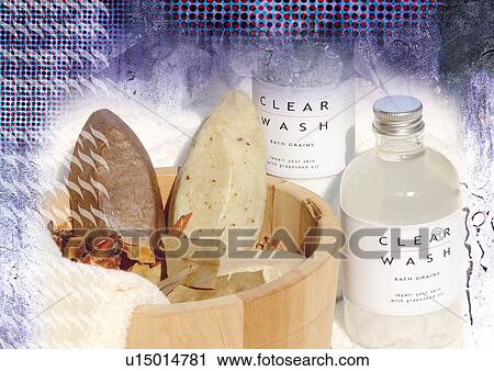 Spa products superimposed on a pastel background View Large Illustration Clip Art - Spa products superimposed on a pastel background. Fotosearch