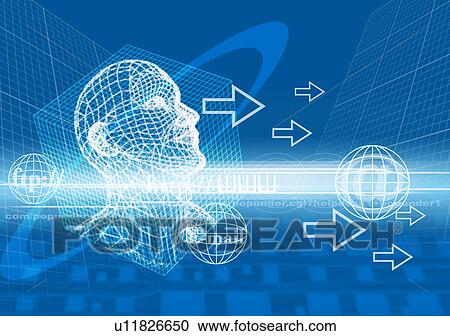 Clipart - Arrows and graphs superimposed on a blue background. Fotosearch