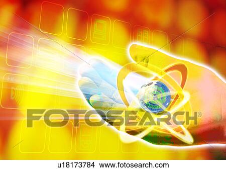 Stock Illustration - Globe in a human hand superimposed on a yellow background. Fotosearch